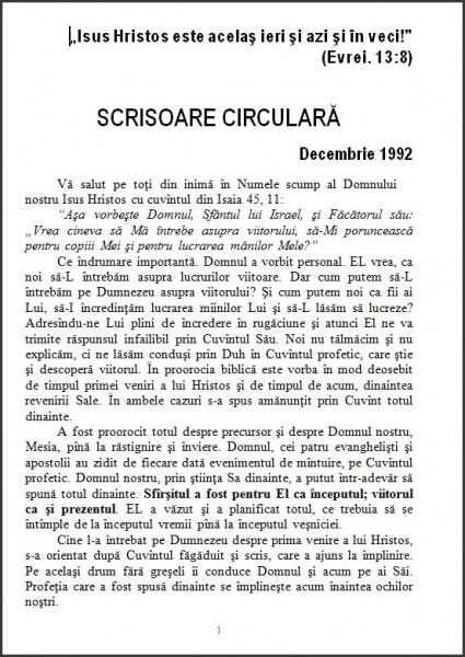 Scrisoare circulara - 1992 decembrie